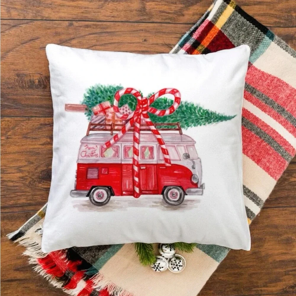Luxury Home | Chic Christmas Vintage VW Van with Tree Holiday Throw Pillow Cover